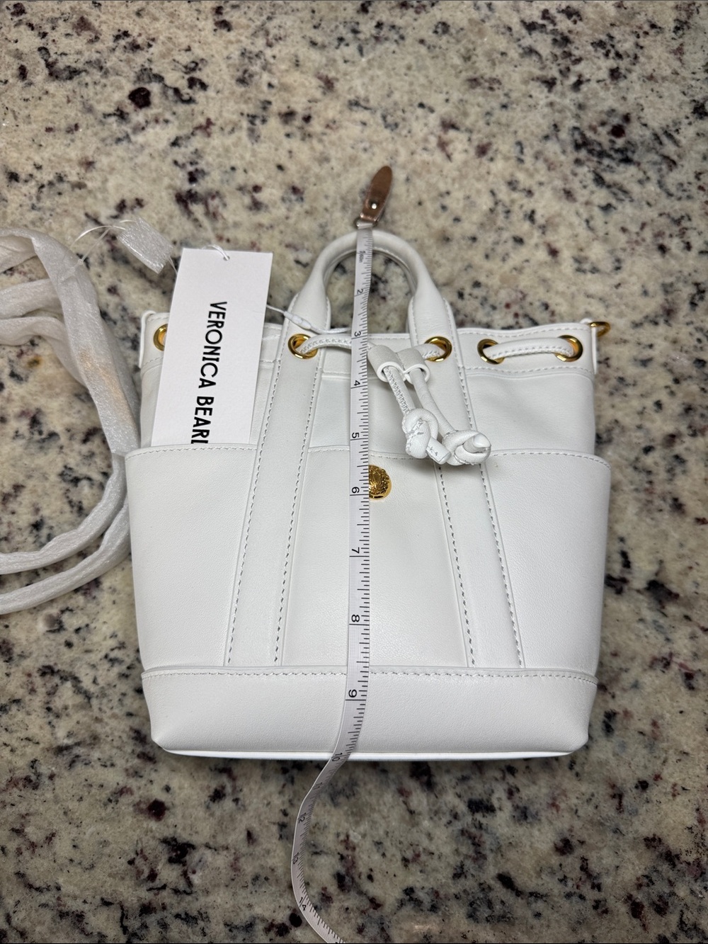 Veronica Beard “Mini Goody Bag” White Leather Drawstring Crossbody Bucket Bag. - Picture 4 of 16